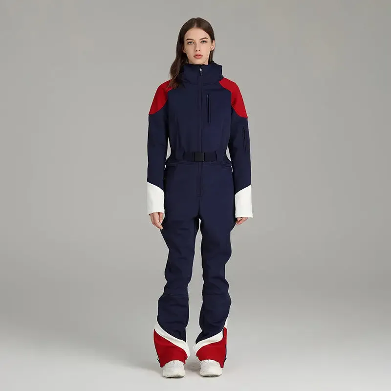 Retro Female One-piece Ski Suit Downhill Belted Jumpsuits