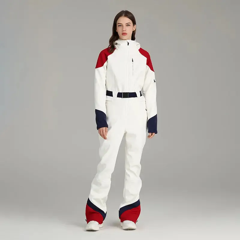 Retro Female One-piece Ski Suit Downhill Belted Jumpsuits