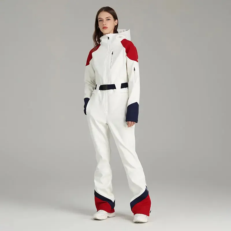 Retro Female One-piece Ski Suit Downhill Belted Jumpsuits