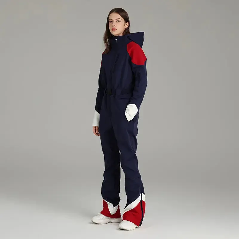 Retro Female One-piece Ski Suit Downhill Belted Jumpsuits