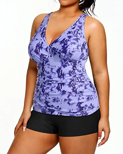 Ruched Plus Size Tankini Two Piece Swimsuits Shorts For Women-Blue Tie Dye