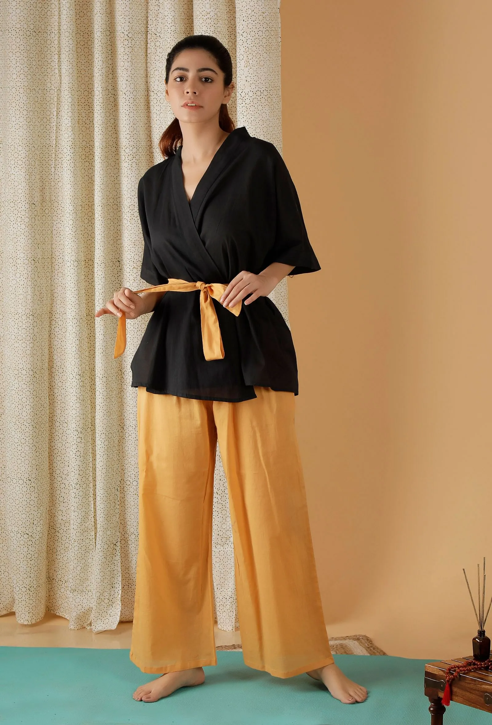 Set Of 2: Mulmul Cotton Black Robe And Mustard Straight pants