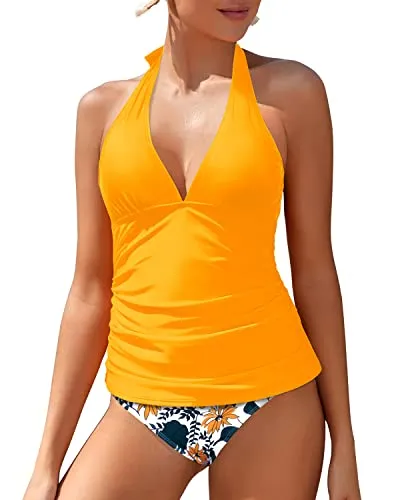 Sexy V Neck Halter Tankini Top With Bikini Bottom Two Piece Tankini Swimsuit-Yellow Floral