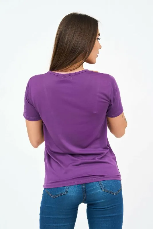 Short-Sleeved V Neck Women's T Shirt in Purple