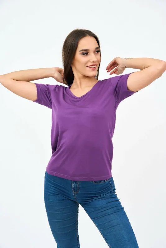 Short-Sleeved V Neck Women's T Shirt in Purple