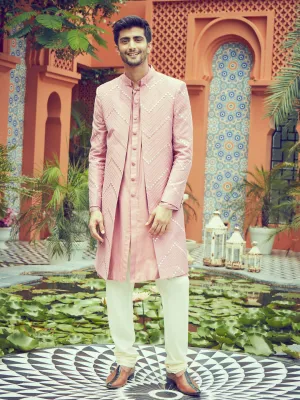 SHRESTHA By VASTRAMAY Men's Onion Pink Solid Kurta Pant With Mirror Over Coat Combo Set