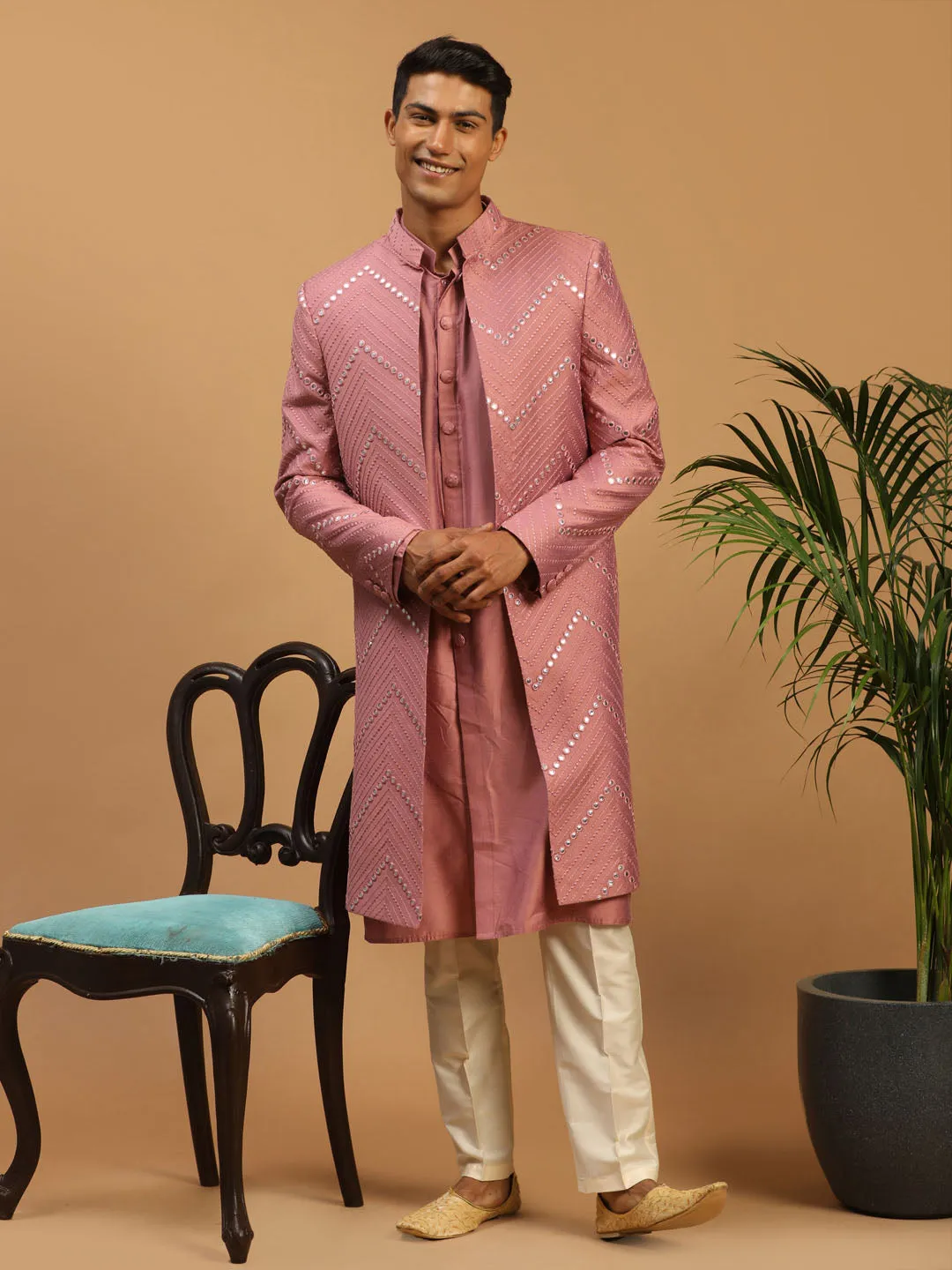 SHRESTHA By VASTRAMAY Men's Onion Pink Solid Kurta Pant With Mirror Over Coat Combo Set