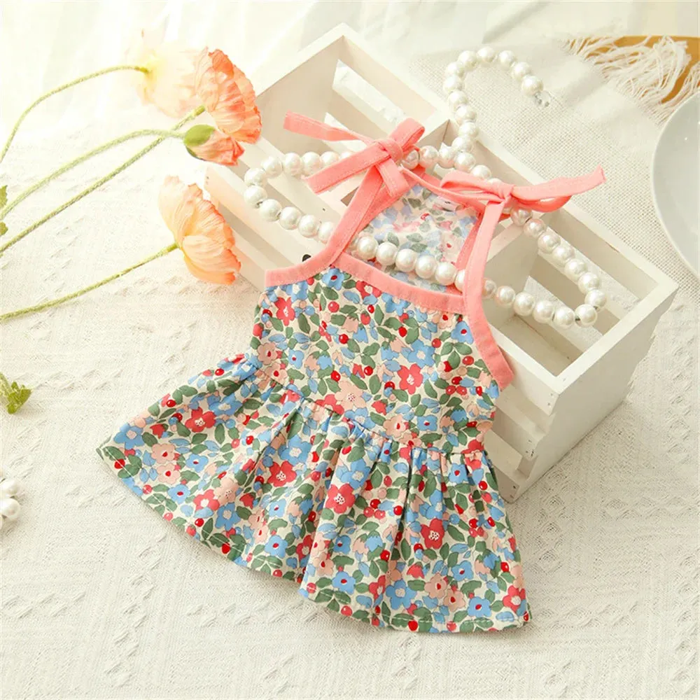 Sphynx Cat Summer Dress - Cotton Suspender Skirt with Floral Pattern