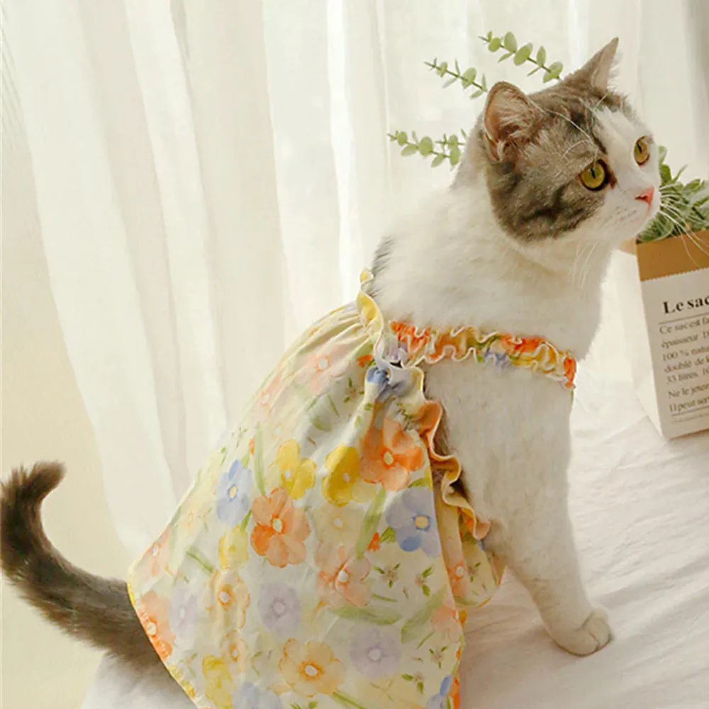 Sphynx Cat Summer Dress - Cotton Suspender Skirt with Floral Pattern