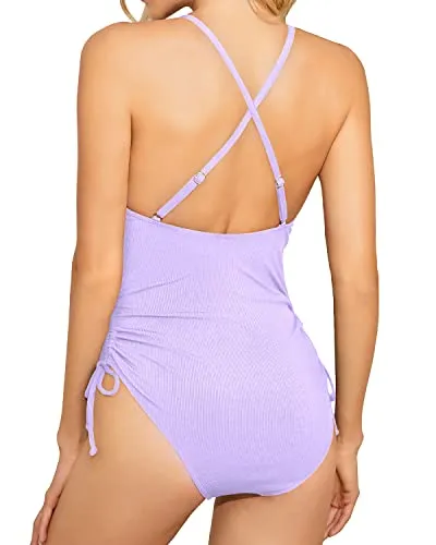 Stylish Lace Up Tummy Control Swimwear Women's Sexy Plunge V Neck One Piece Swimsuit