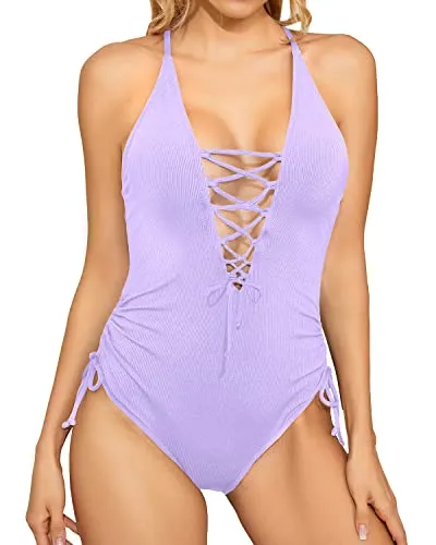 Stylish Lace Up Tummy Control Swimwear Women's Sexy Plunge V Neck One Piece Swimsuit