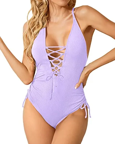 Stylish Lace Up Tummy Control Swimwear Women's Sexy Plunge V Neck One Piece Swimsuit