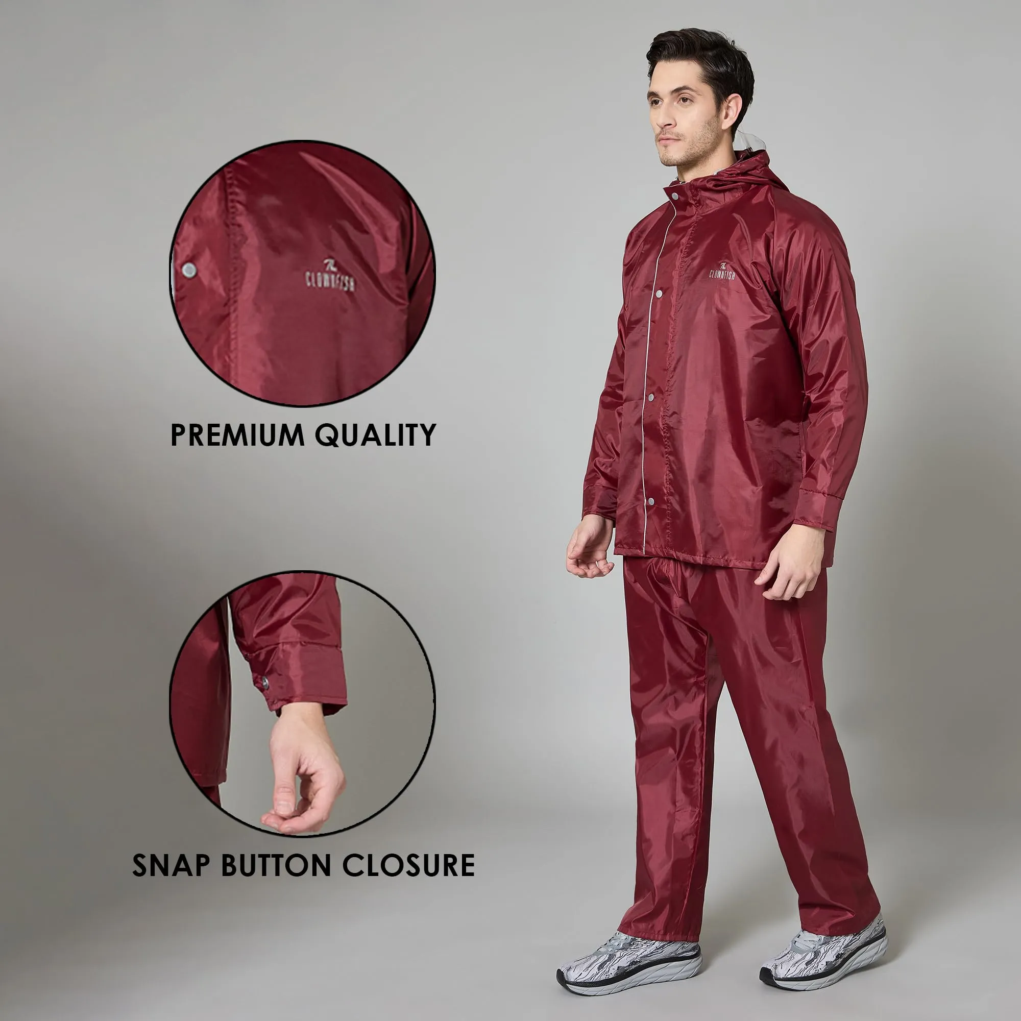 THE CLOWNFISH Waterproof Standard Length Rain Coat For Men With Pants Polyester Reversible Double Layer Rain Coat For Men Rain Jacket Suit Inner Mobile Pocket With Storage Bag(Maroon),X-Large