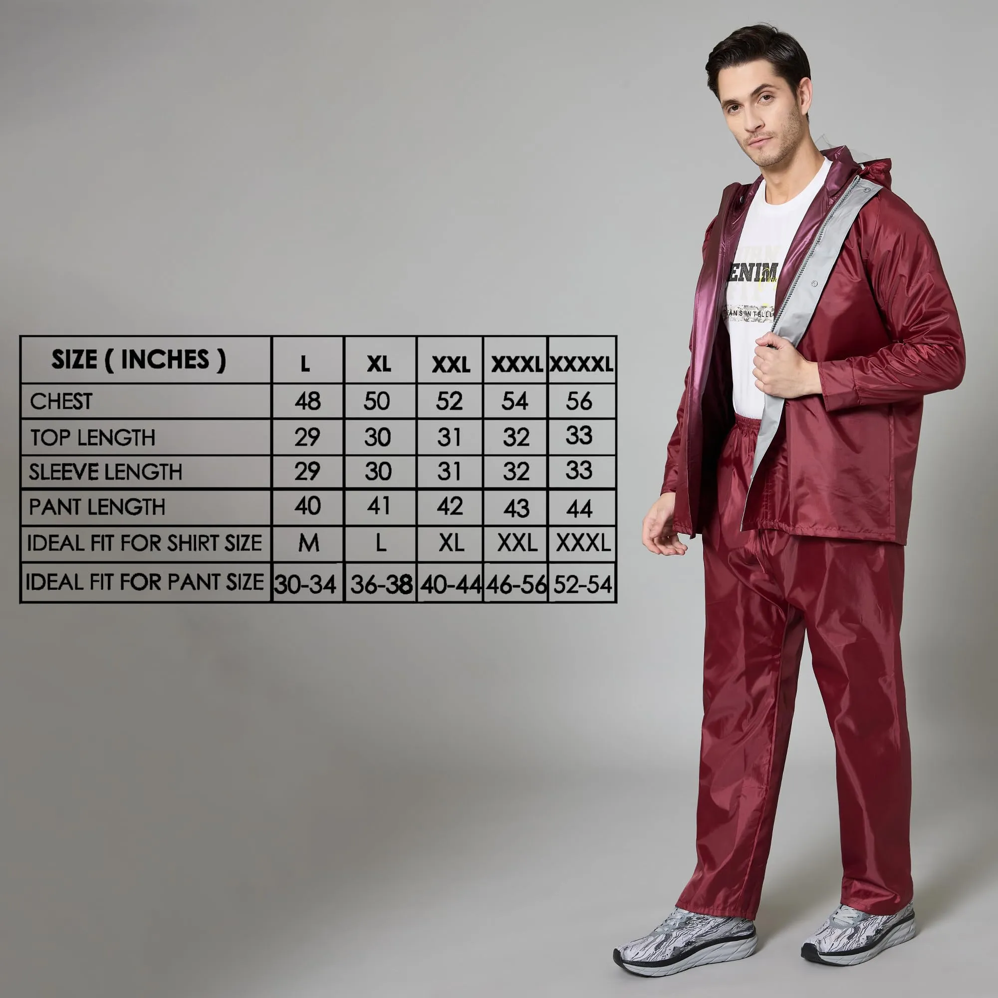 THE CLOWNFISH Waterproof Standard Length Rain Coat For Men With Pants Polyester Reversible Double Layer Rain Coat For Men Rain Jacket Suit Inner Mobile Pocket With Storage Bag(Maroon),X-Large