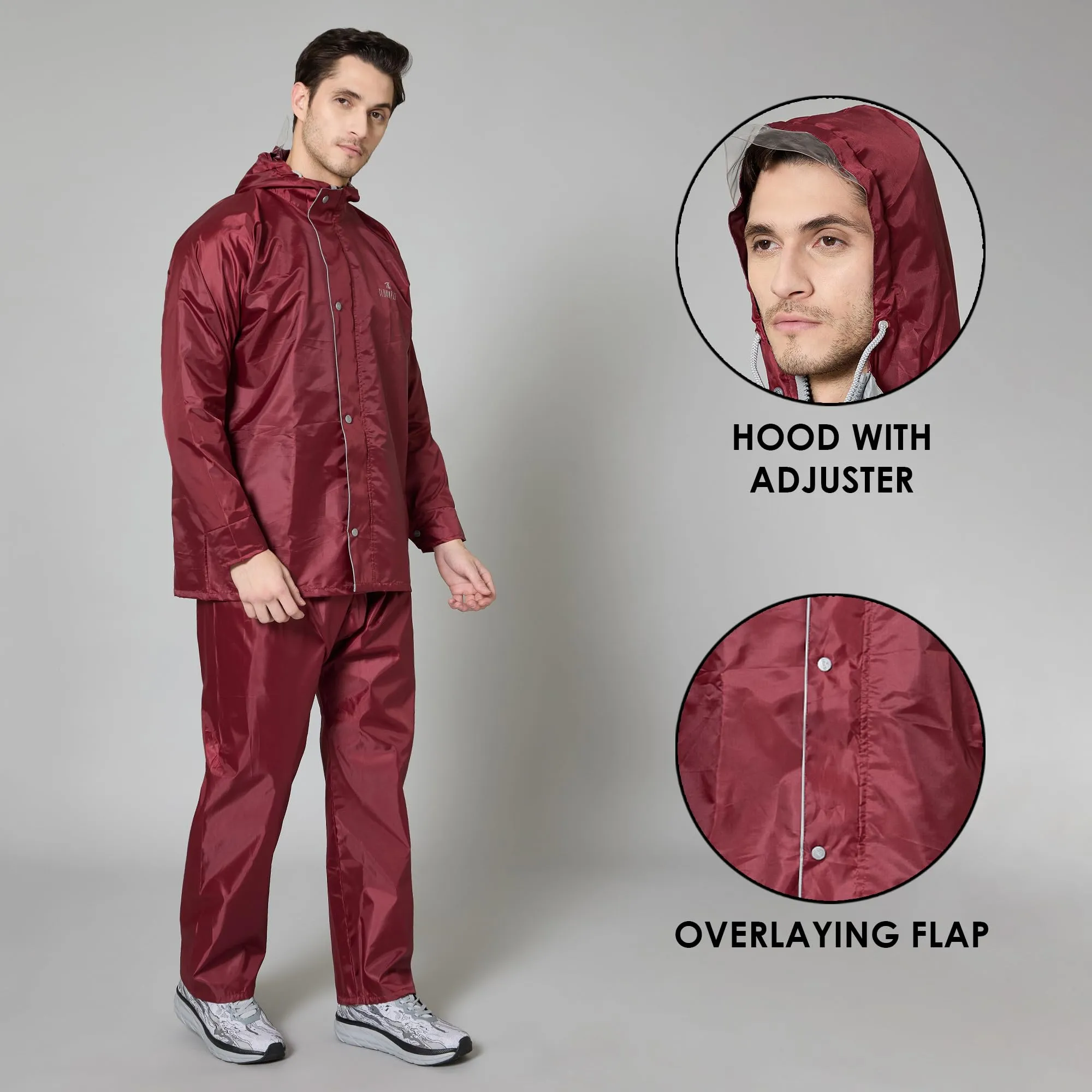 THE CLOWNFISH Waterproof Standard Length Rain Coat For Men With Pants Polyester Reversible Double Layer Rain Coat For Men Rain Jacket Suit Inner Mobile Pocket With Storage Bag(Maroon),X-Large