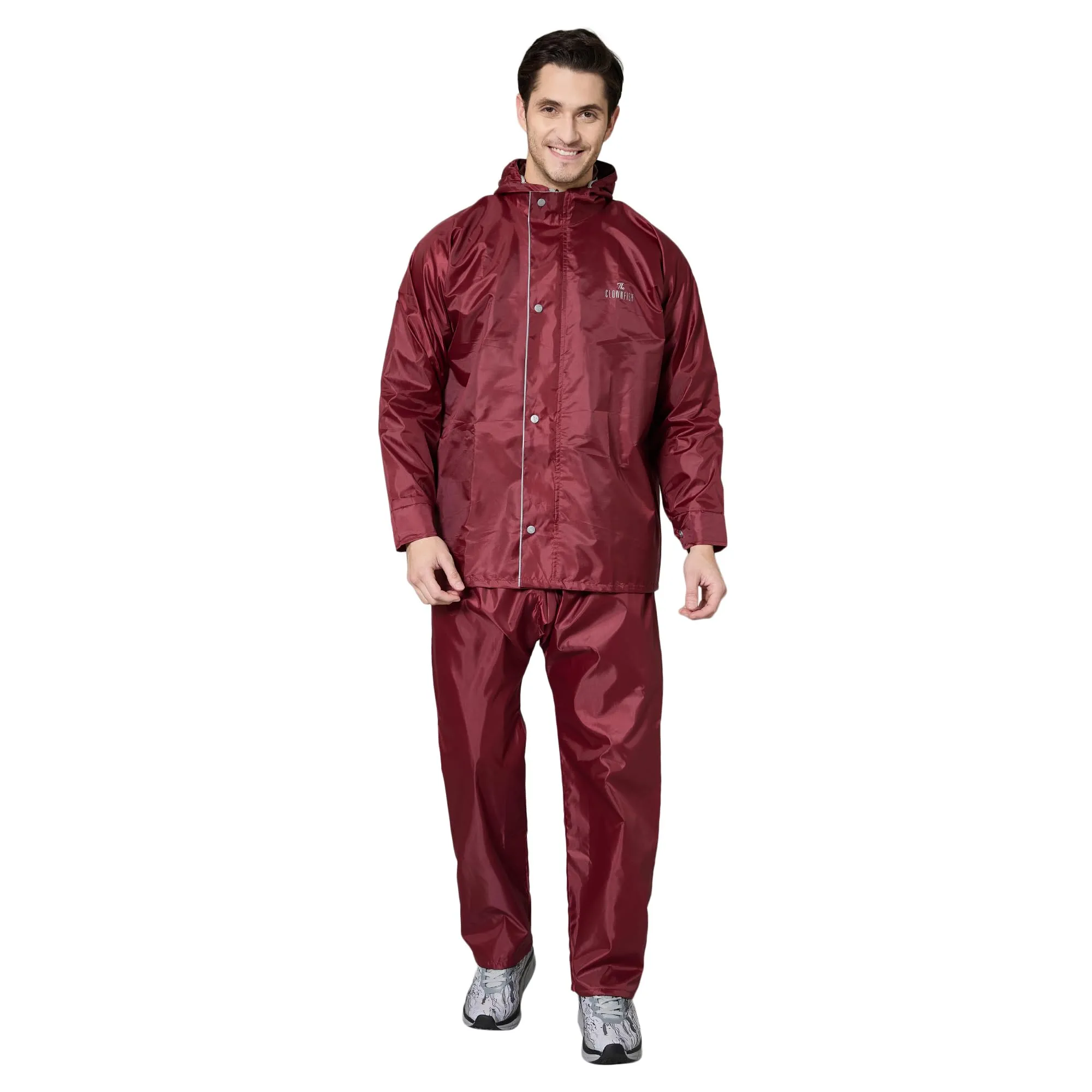 THE CLOWNFISH Waterproof Standard Length Rain Coat For Men With Pants Polyester Reversible Double Layer Rain Coat For Men Rain Jacket Suit Inner Mobile Pocket With Storage Bag(Maroon),X-Large