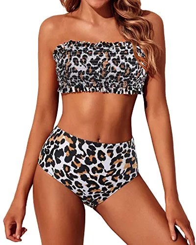 Two Piece Smocked Swimsuits Ruffle Off Shoulder Bathing Suit-Leopard