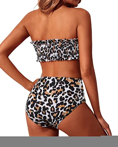 Two Piece Smocked Swimsuits Ruffle Off Shoulder Bathing Suit-Leopard