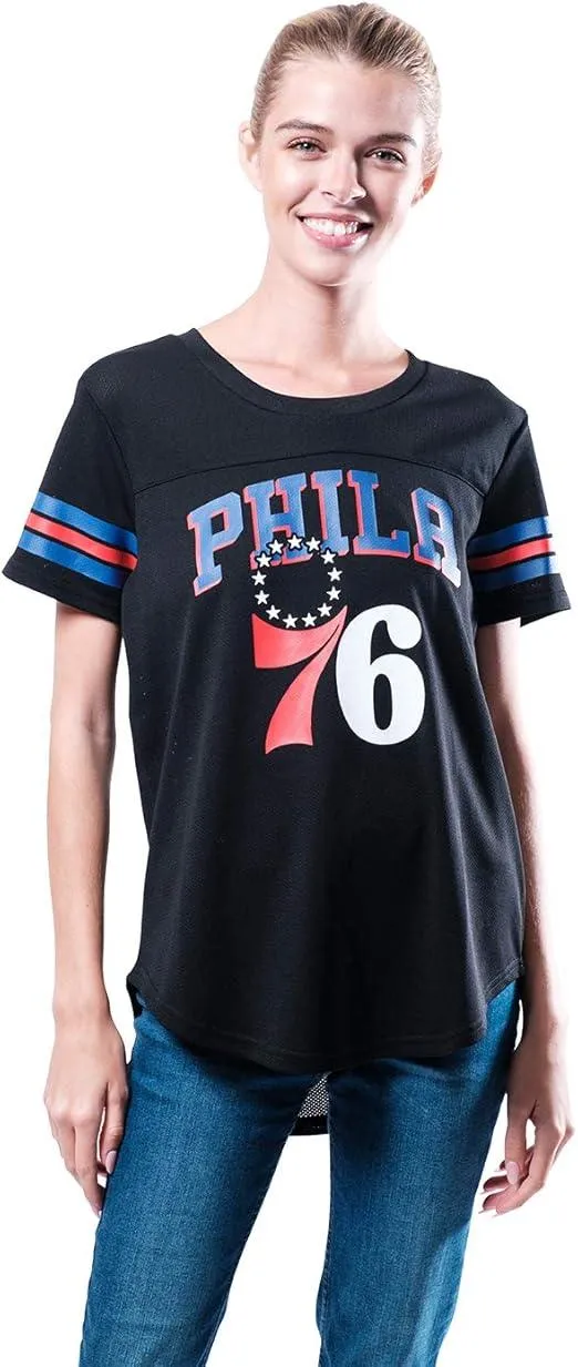 Ultra Game NBA Official Women's Soft Mesh T-Shirt, Philadelphia 76ers, Black|Philadelphia 76ers