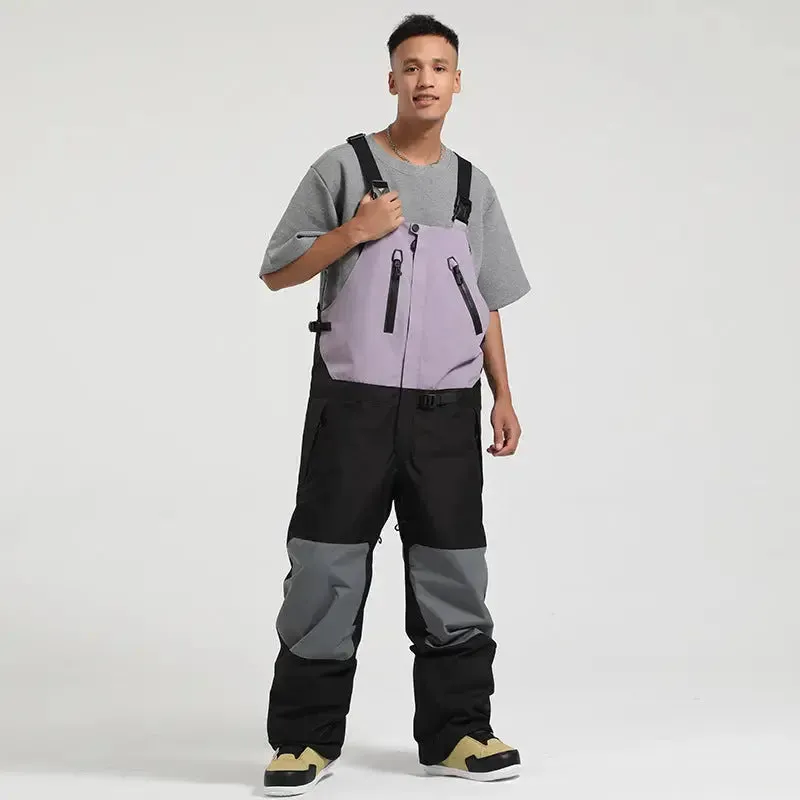 Unisex Colorblock Snowboard Bib Overalls Baggy Ski Pants