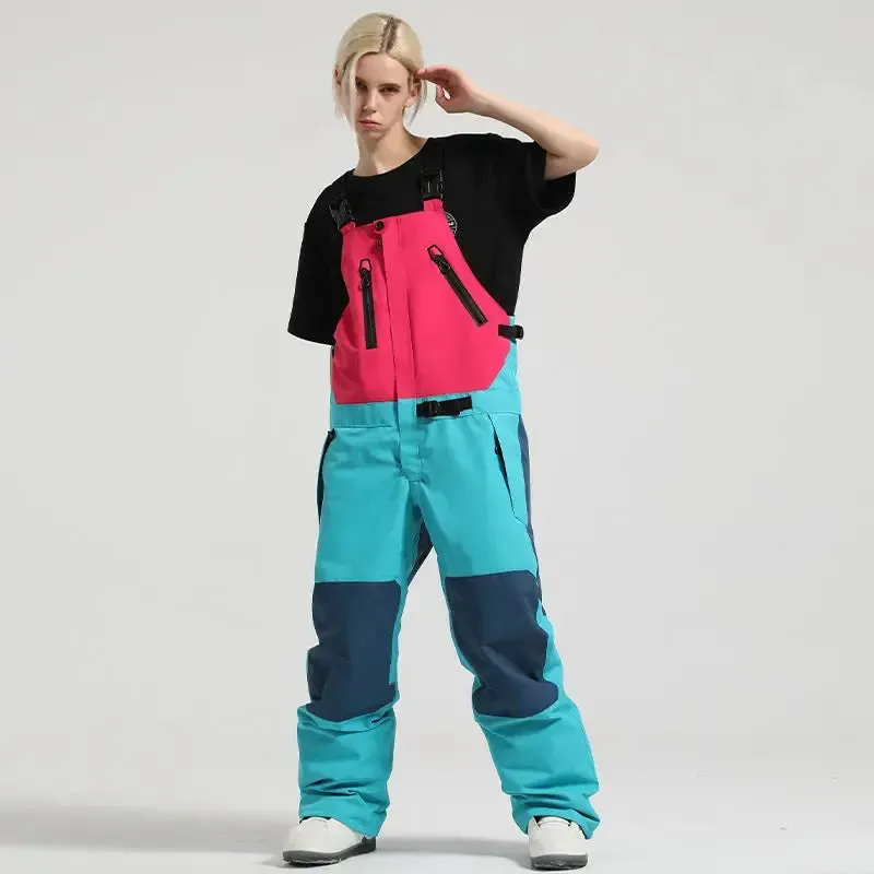 Unisex Colorblock Snowboard Bib Overalls Baggy Ski Pants