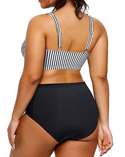 V Neck 2 Piece Plus Size Bikini High Waisted Tummy Control Swimsuit-Black And White Stripe