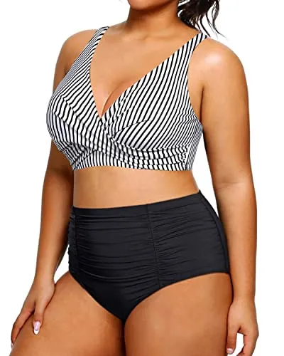 V Neck 2 Piece Plus Size Bikini High Waisted Tummy Control Swimsuit-Black And White Stripe