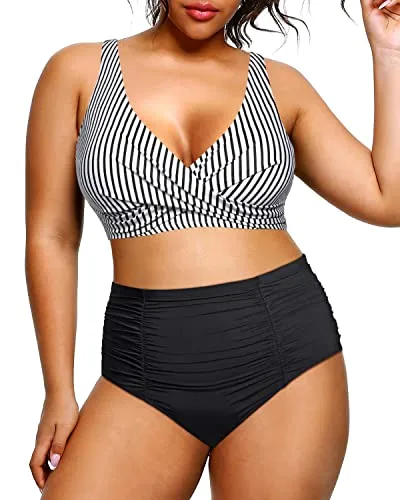 V Neck 2 Piece Plus Size Bikini High Waisted Tummy Control Swimsuit-Black And White Stripe