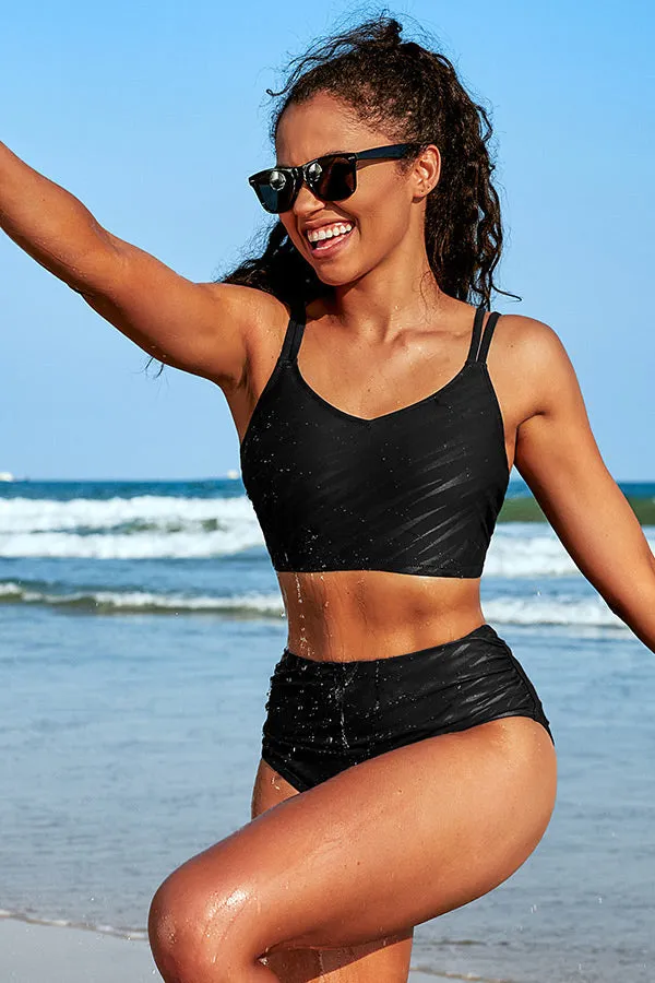 V Neck Ruched High Waisted Sporty Bikini Suits