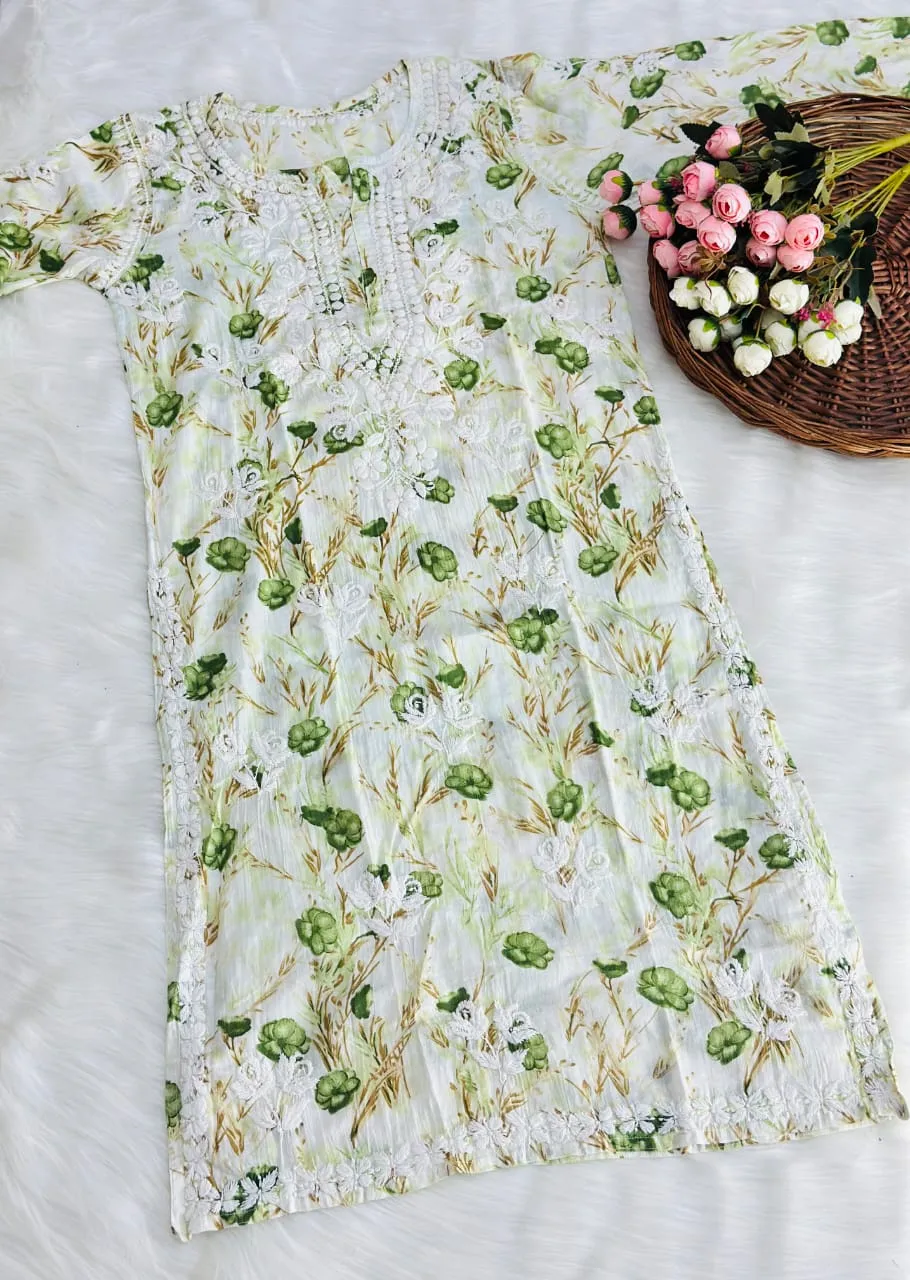 White and Green Floral Premium Quality Mulmul Lucknow Chikankari Palazzo Set