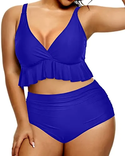 Women Plus Size Two Piece Swimsuits Tummy Control High Waisted Bikini Set-Royal Blue