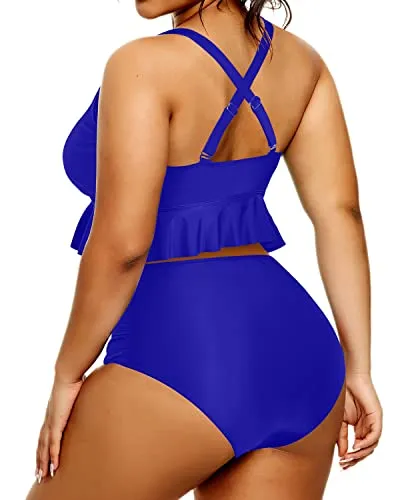 Women Plus Size Two Piece Swimsuits Tummy Control High Waisted Bikini Set-Royal Blue