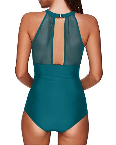 Women's Halter Neck Mesh One Piece Swimsuit With Tummy Control Swimwear-Green