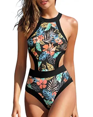 Women's High Neck Cutout One Piece Swimsuit Tummy Control Bathing Suits