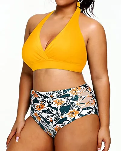 Women's High Waisted Two Piece Plus Size Bikini Swimsuit-Yellow Floral