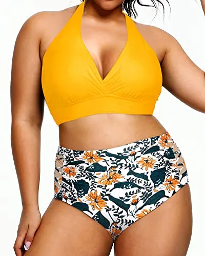 Women's High Waisted Two Piece Plus Size Bikini Swimsuit-Yellow Floral