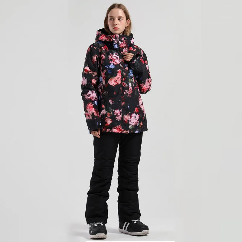 Women's SMN Flower Bloom Colorful Print Winter Snow Jacket & Pants Set