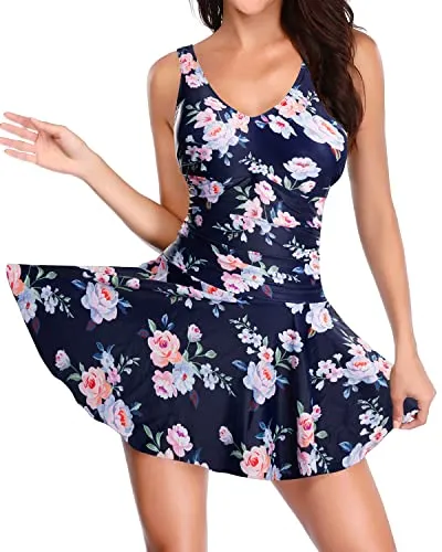 Women's Tummy Control Swimdress Vintage One Piece Skirt Swimwear