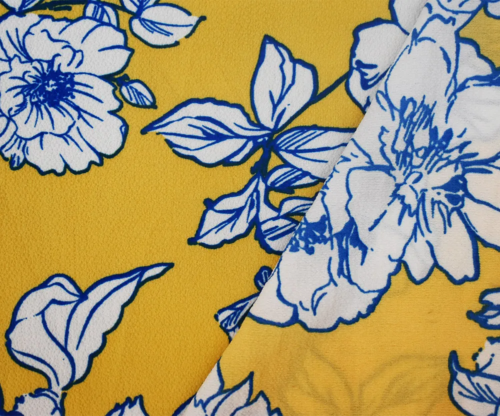 Yellow-White Floral Printed Stretch Poly Spandex Ghost Crepe Woven Fabric